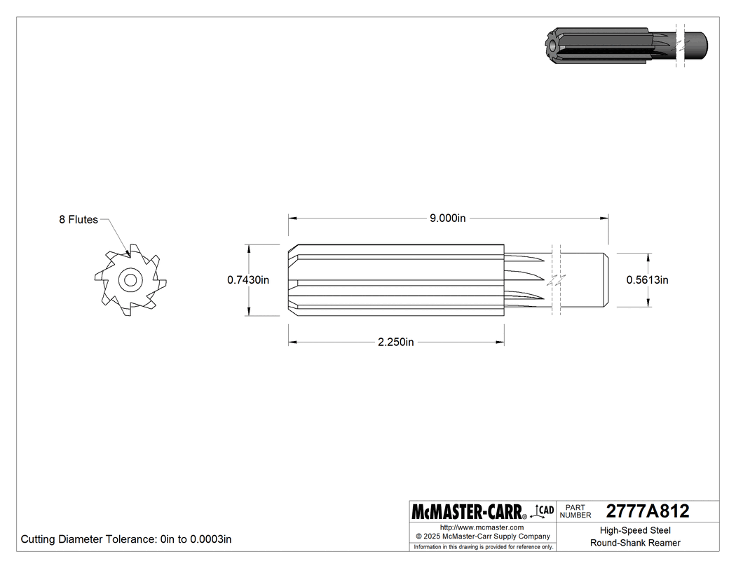 Technical Drawing of High-Speed Steel Round-Shank Reamer, with Straight Flute, 0.7430" Reamer Diameter.